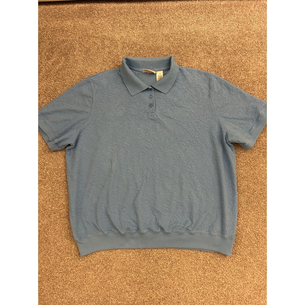 90s Alfred Dunner Polo Shirt Woman 2X Blue Excellent Texture Floral Short Sleeve